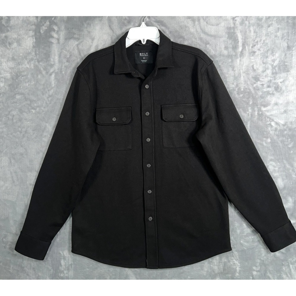 BYLT Coastal Overshirt Mens Medium Black Shacket Button Up Flannel Long Sleeve